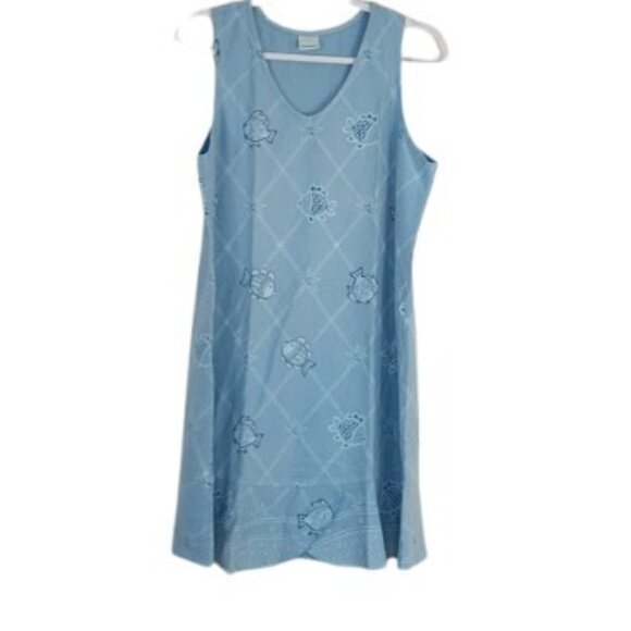 Vintage On White Womens Mini Shift Dress Blue Fish Print L - Picture 1 of 4